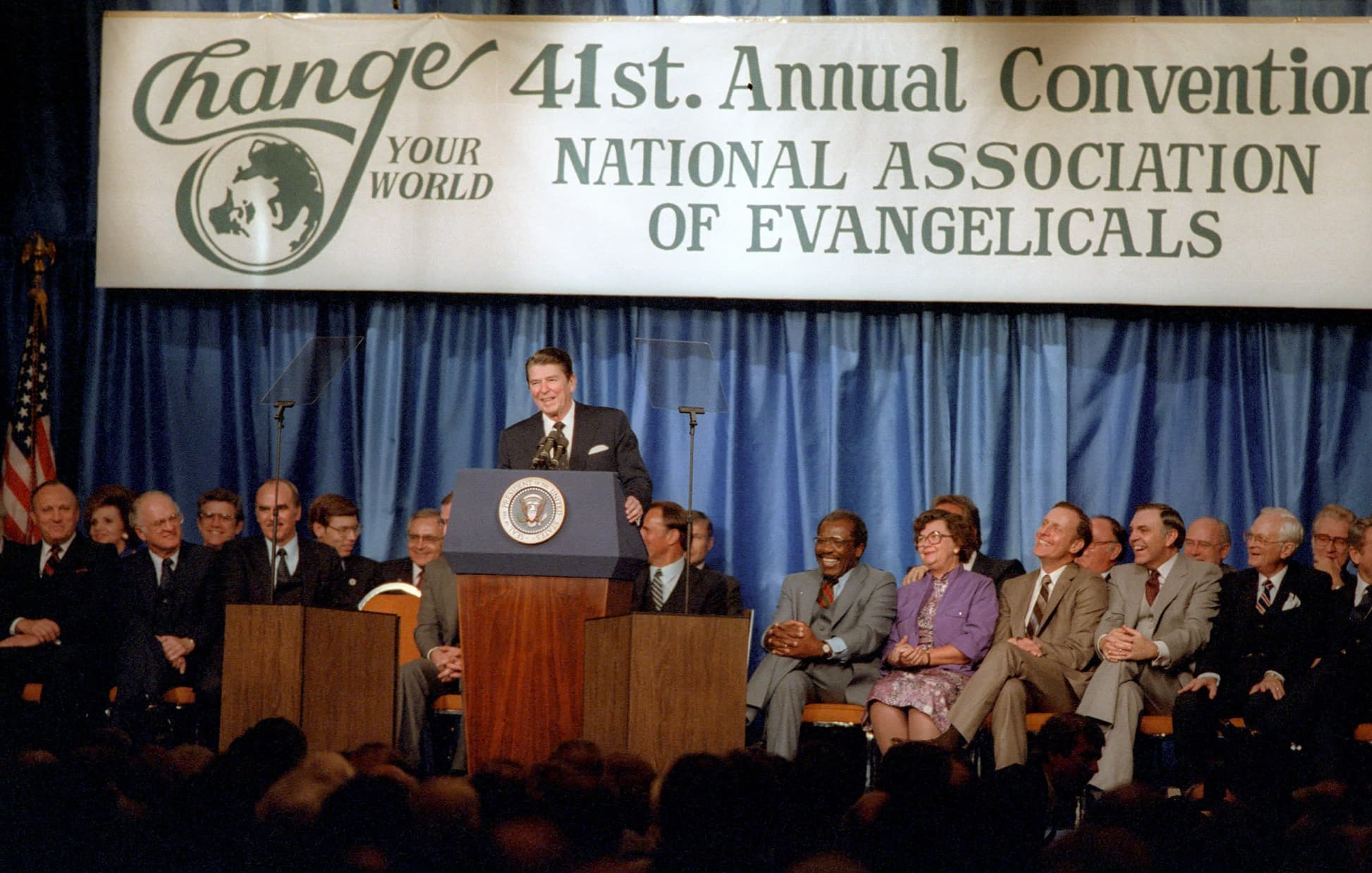 President Ronald Reagan takes the stage at the 1983 National Association of Evangelicals convention, where delivered his famed "Evil Empire" speech.  The address,  in which Reagan denounced the “evil empire” of the Soviet Union as "the focus of evil in the modern world,” sparked criticism for its inflammatory language, with some worried the President’s statements would only increase tensions between the two nations. 